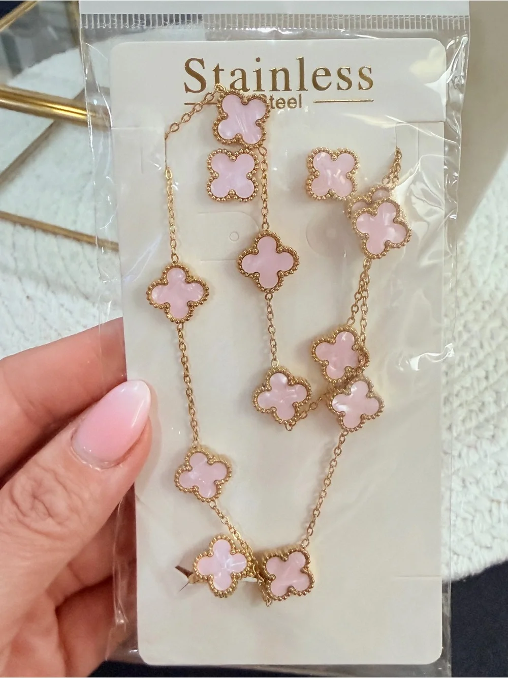 Pink Clover 4-Piece Stainless Steel Jewelry Set – Necklace Bracelet Ring Earring